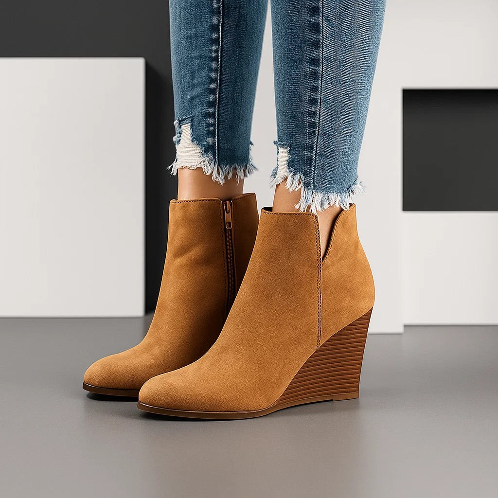 Women's Suede Ankle Boots with Wedge Heel and Side Zipper