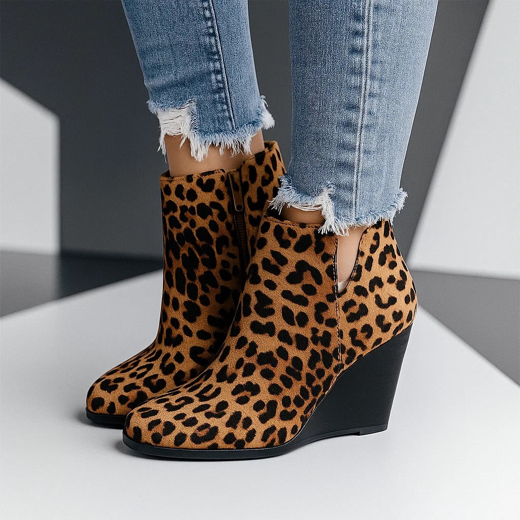 Women's Suede Ankle Boots with Wedge Heel and Side Zipper