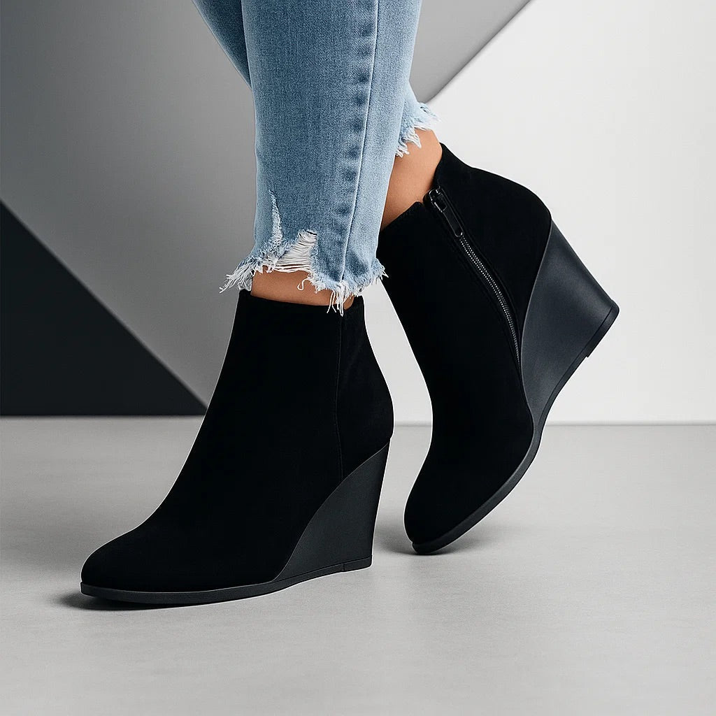 Women's Suede Ankle Boots with Wedge Heel and Side Zipper
