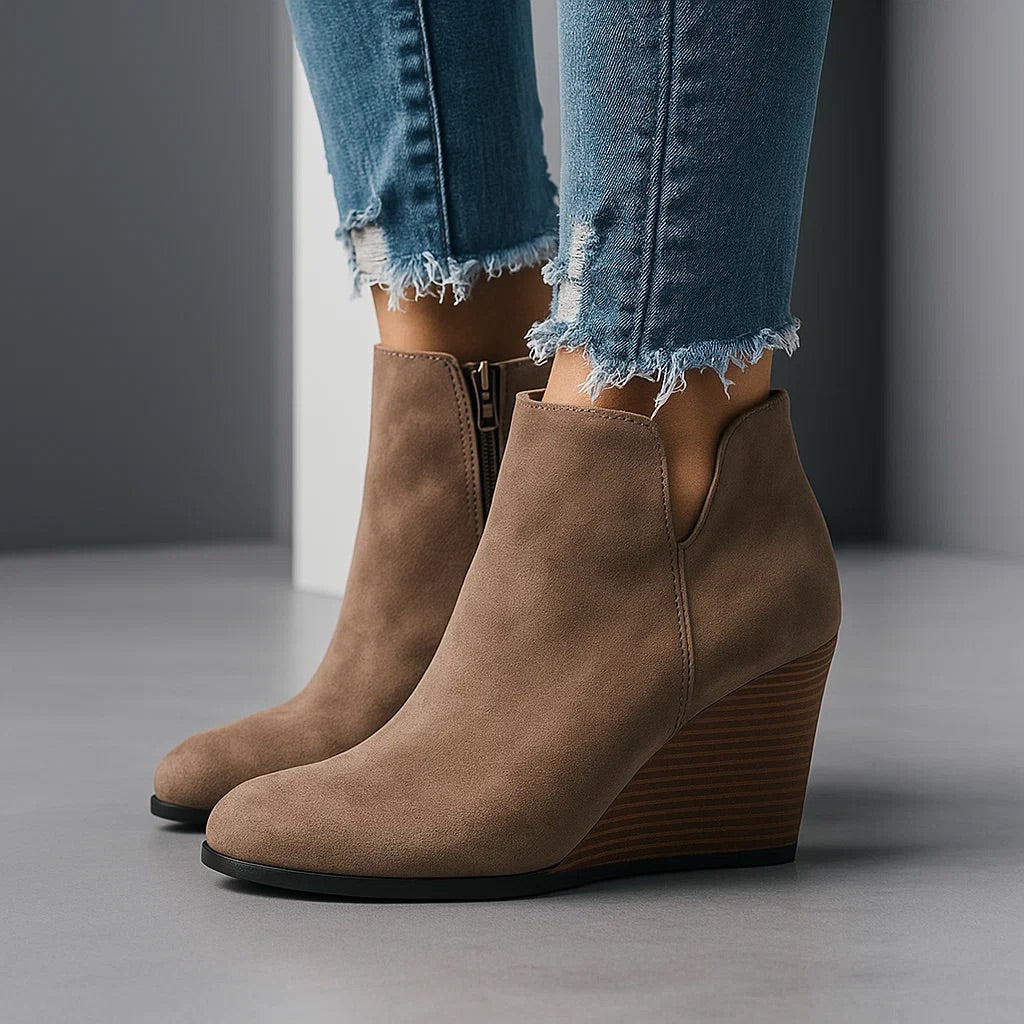 Women's Suede Ankle Boots with Wedge Heel and Side Zipper
