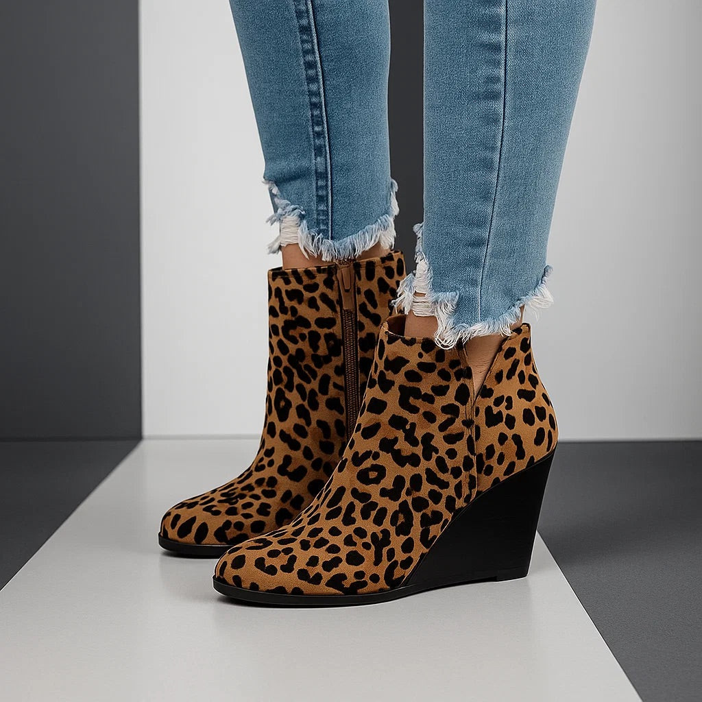 Women's Suede Ankle Boots with Wedge Heel and Side Zipper