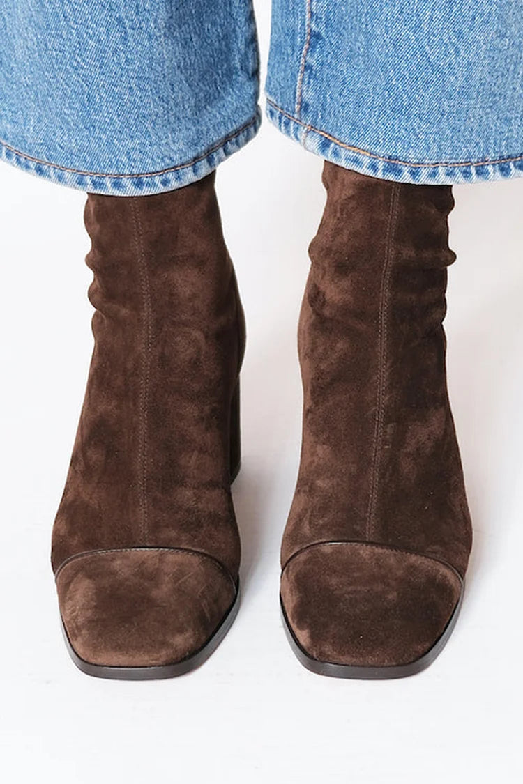 Women's Suede-Effect Ankle Boots with Square Toe and Block Heel