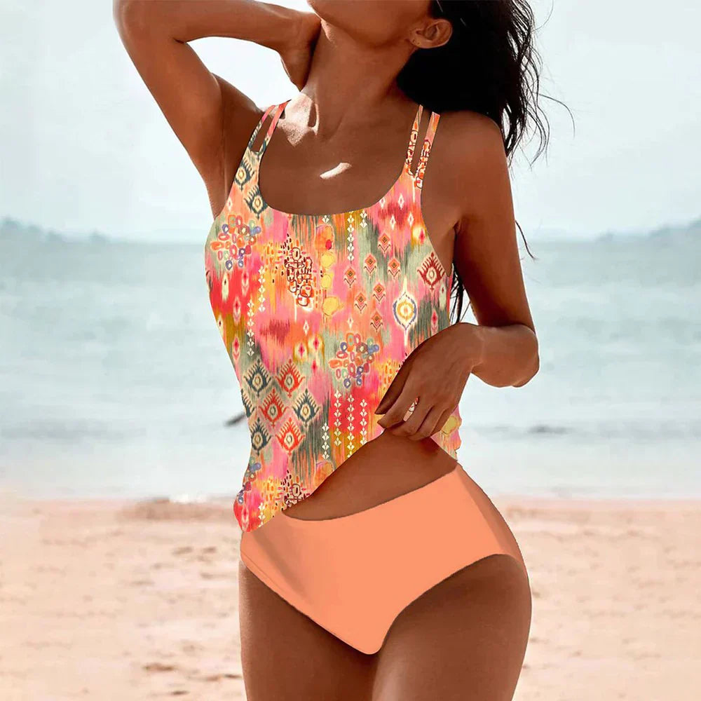 Women's Tankini Swimwear Set with Strappy Back and Side