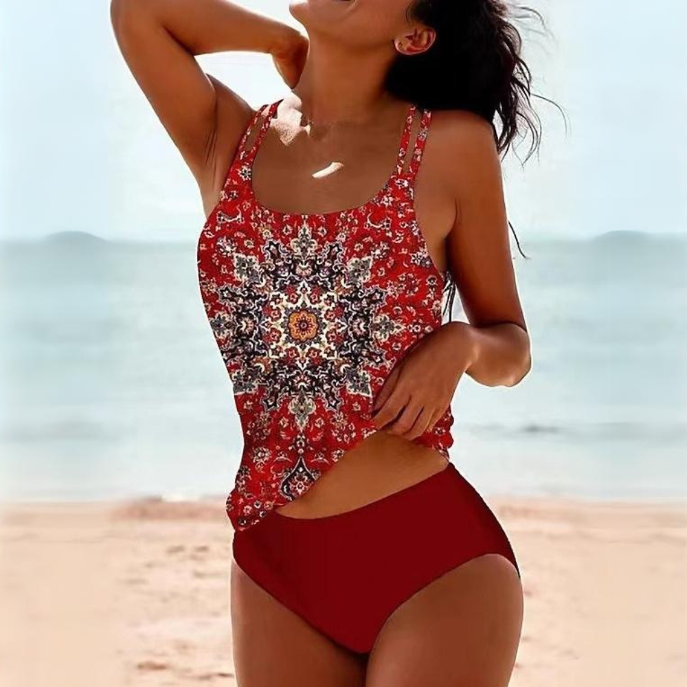 Women's Tankini Swimwear Set with Strappy Back and Side