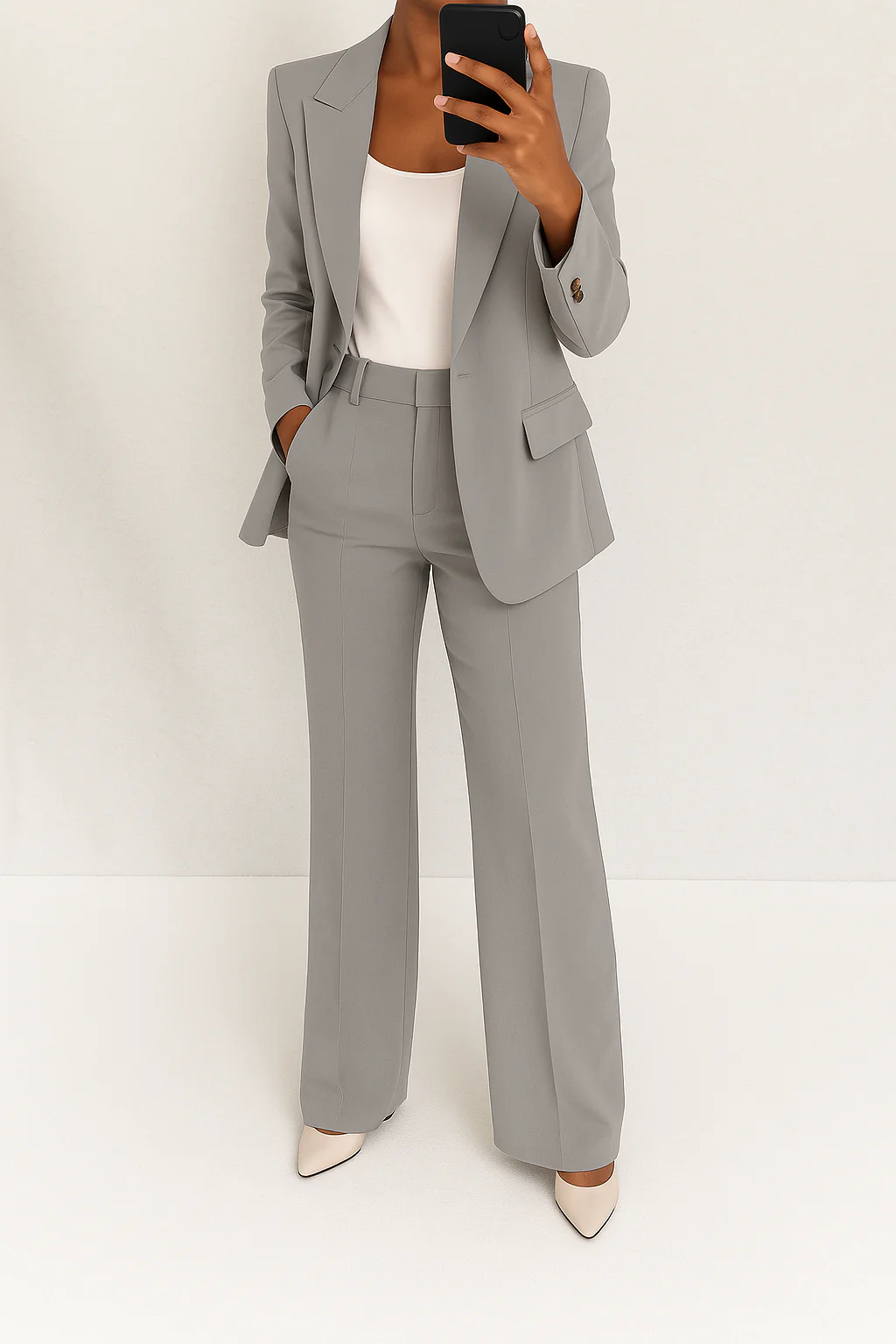 Women's Two-Piece Woven Suit Set with Notched Lapel and Wide-Leg Pants