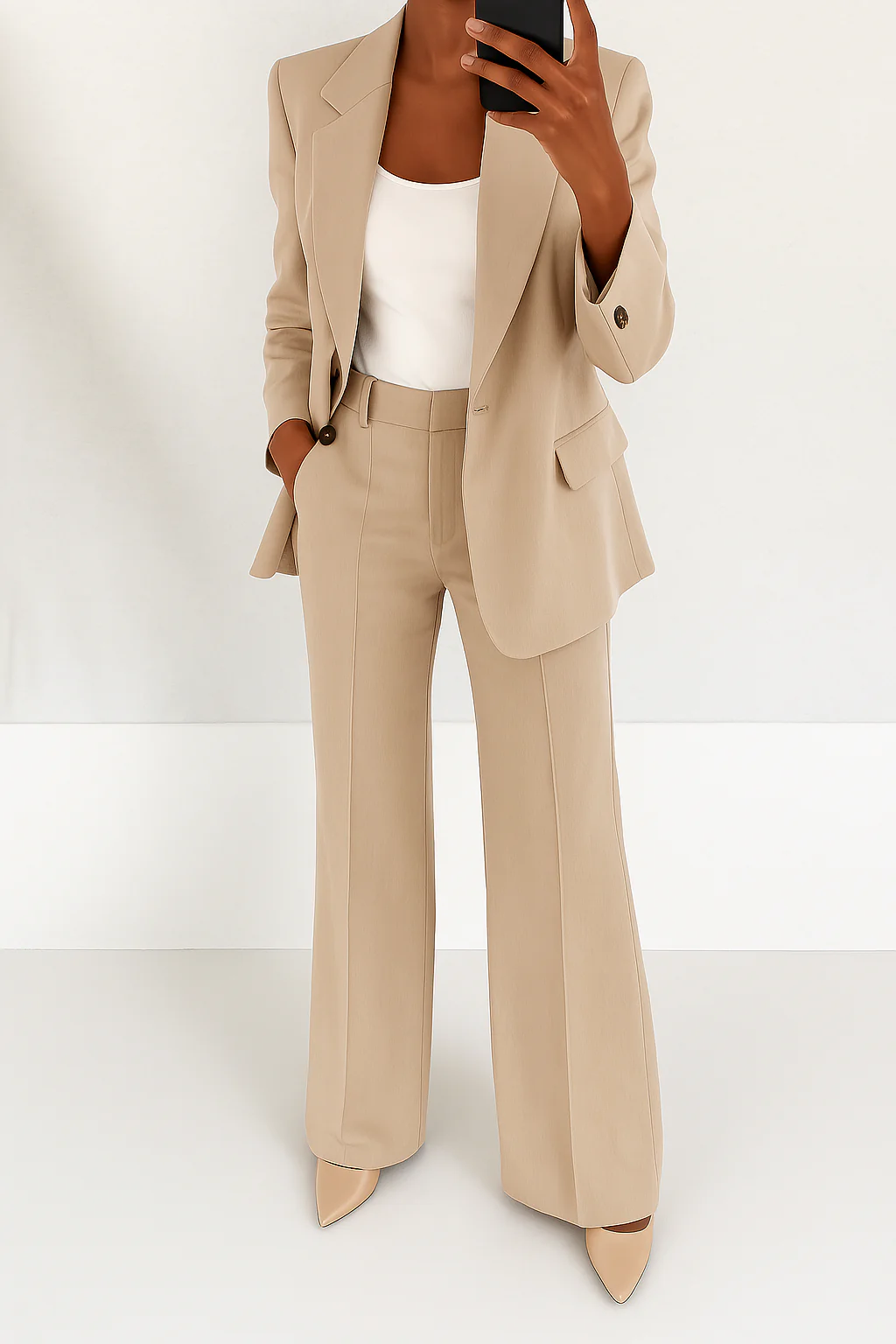 Women's Two-Piece Woven Suit Set with Notched Lapel and Wide-Leg Pants