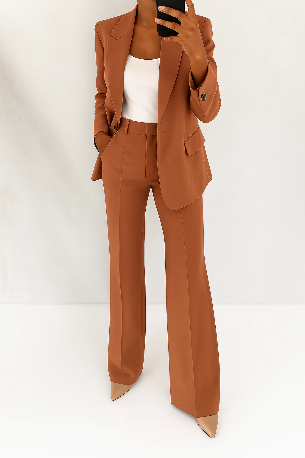 Women's Two-Piece Woven Suit Set with Notched Lapel and Wide-Leg Pants