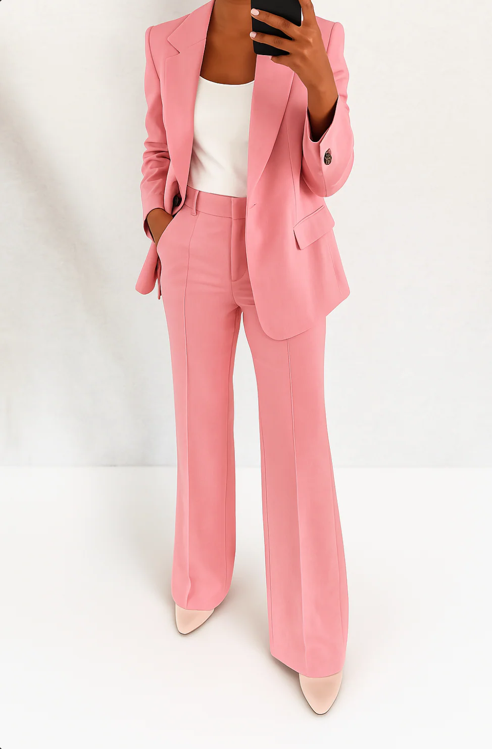 Women's Two-Piece Woven Suit Set with Notched Lapel and Wide-Leg Pants