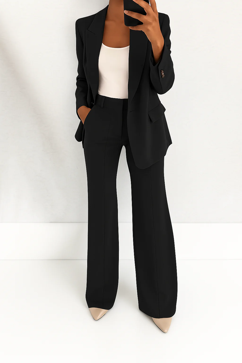 Women's Two-Piece Woven Suit Set with Notched Lapel and Wide-Leg Pants