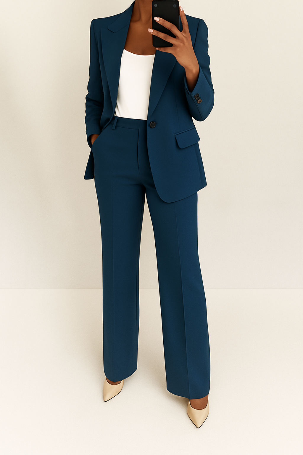 Women's Two-Piece Woven Suit Set with Notched Lapel and Wide-Leg Pants