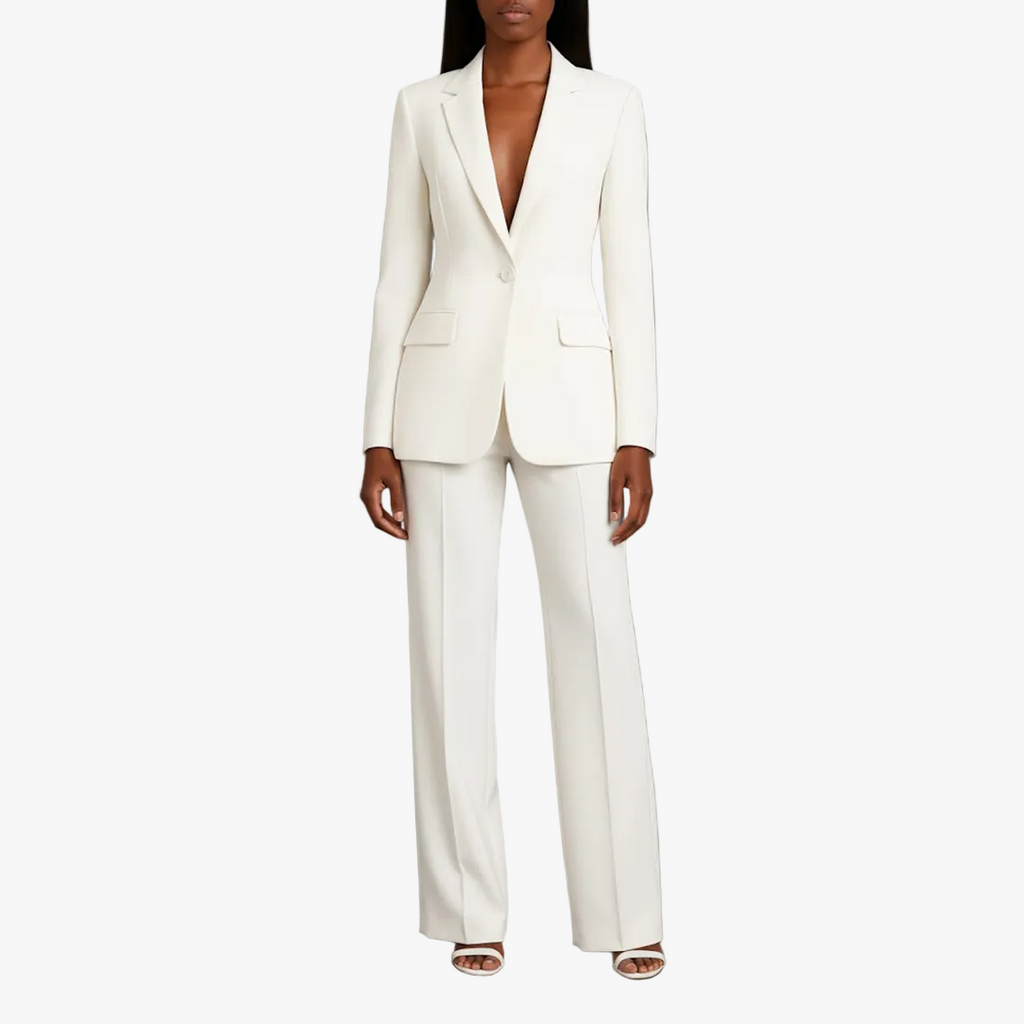 Women's Two-Piece Woven Suit Set with Notched Lapel and Wide-Leg Trousers