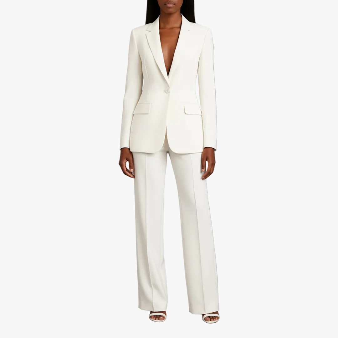 Women's Two-Piece Woven Suit Set with Notched Lapel and Wide-Leg Trousers