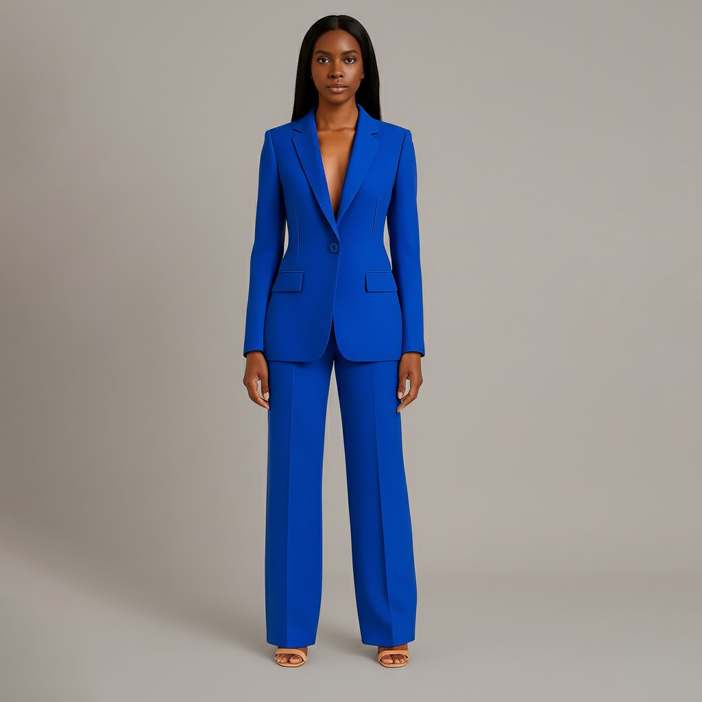 Women's Two-Piece Woven Suit Set with Notched Lapel and Wide-Leg Trousers