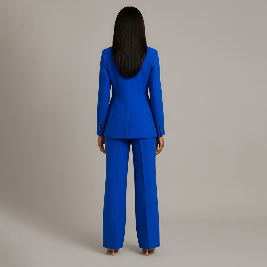 Women's Two-Piece Woven Suit Set with Notched Lapel and Wide-Leg Trousers
