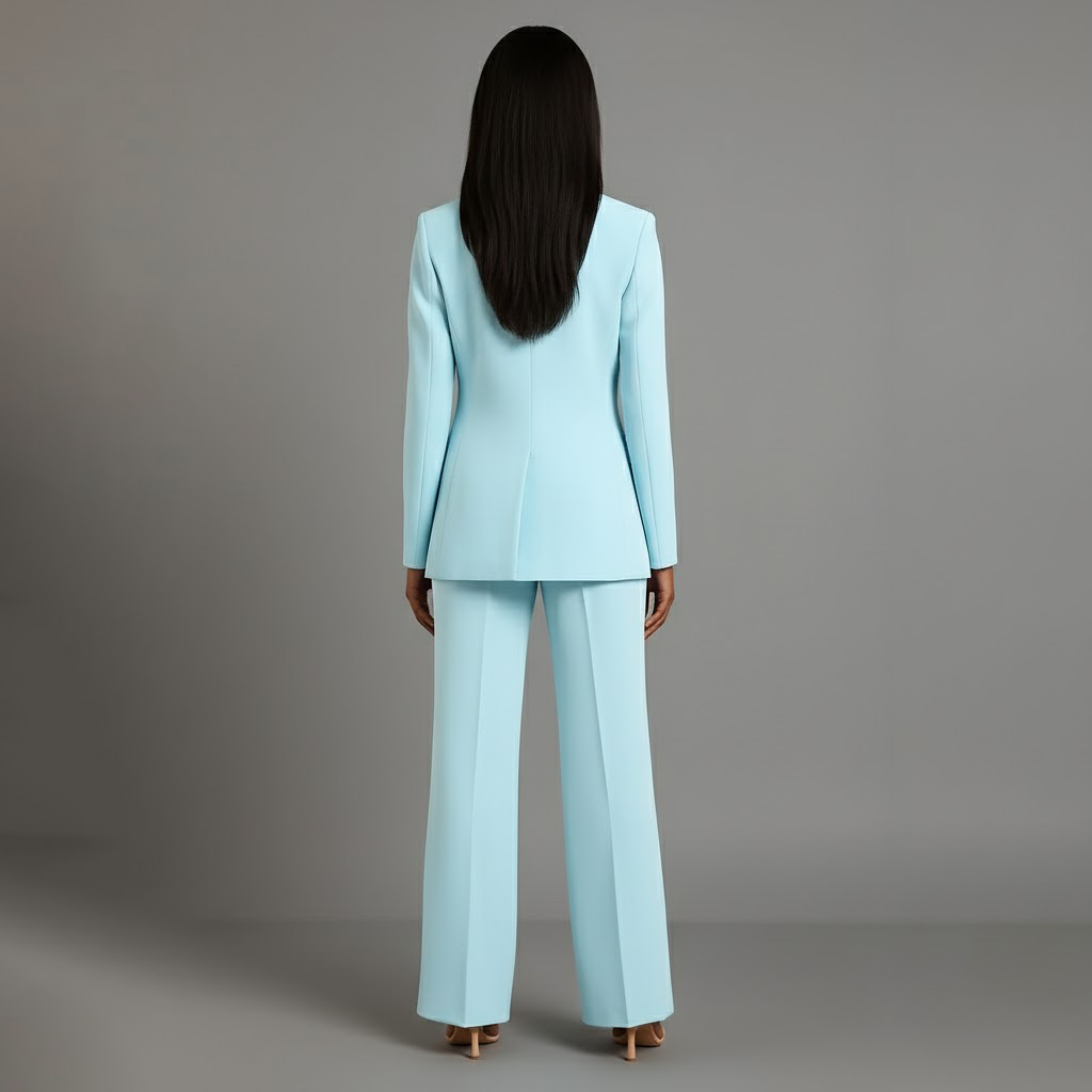 Women's Two-Piece Woven Suit Set with Notched Lapel and Wide-Leg Trousers