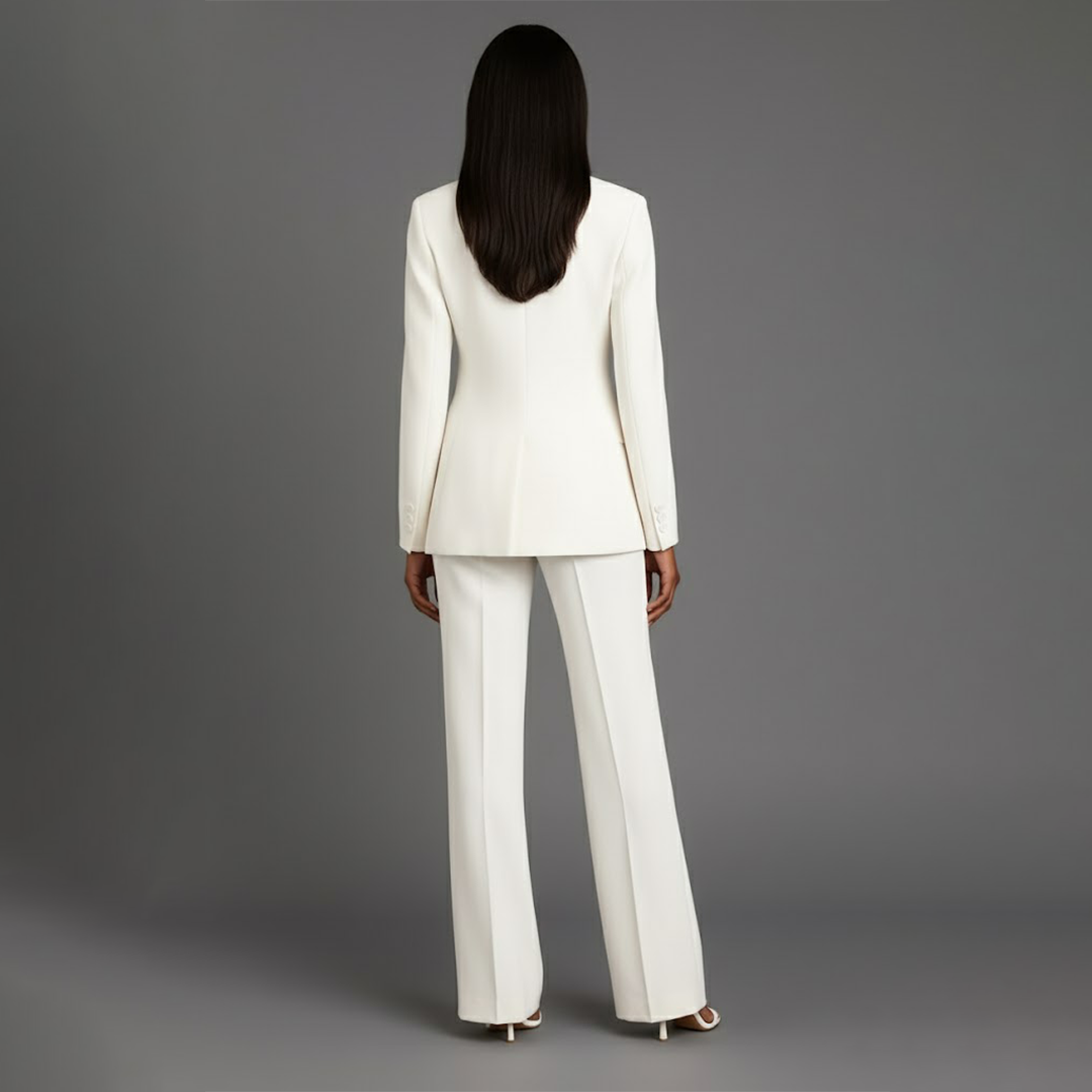 Women's Two-Piece Woven Suit Set with Notched Lapel and Wide-Leg Trousers