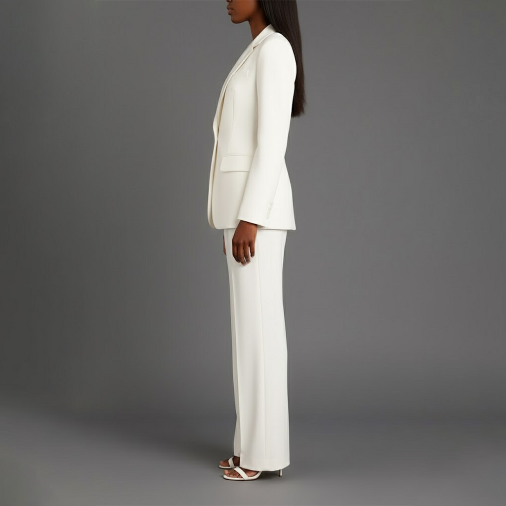 Women's Two-Piece Woven Suit Set with Notched Lapel and Wide-Leg Trousers