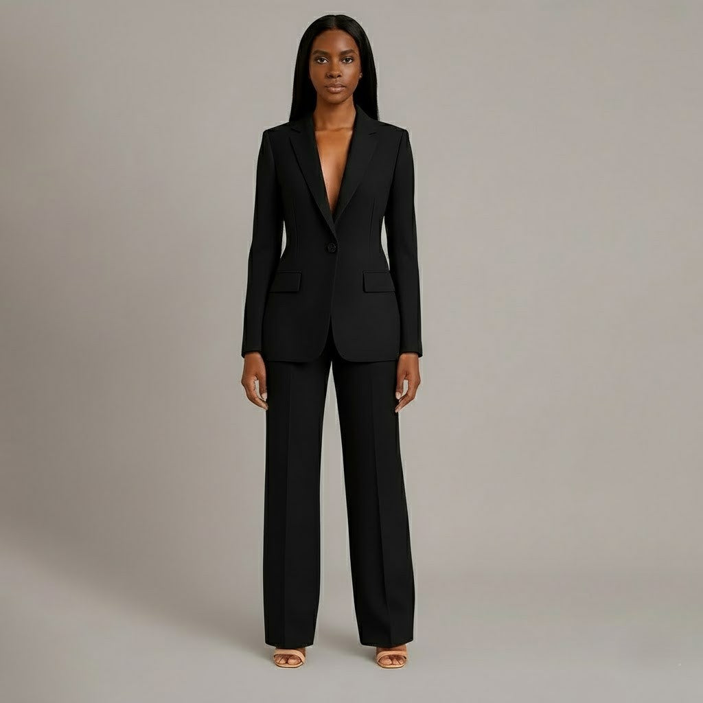 Women's Two-Piece Woven Suit Set with Notched Lapel and Wide-Leg Trousers