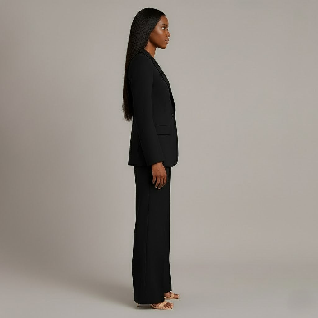 Women's Two-Piece Woven Suit Set with Notched Lapel and Wide-Leg Trousers