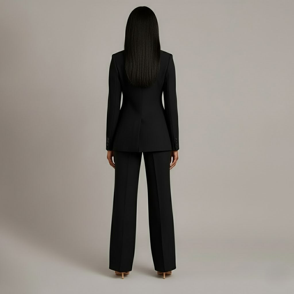 Women's Two-Piece Woven Suit Set with Notched Lapel and Wide-Leg Trousers