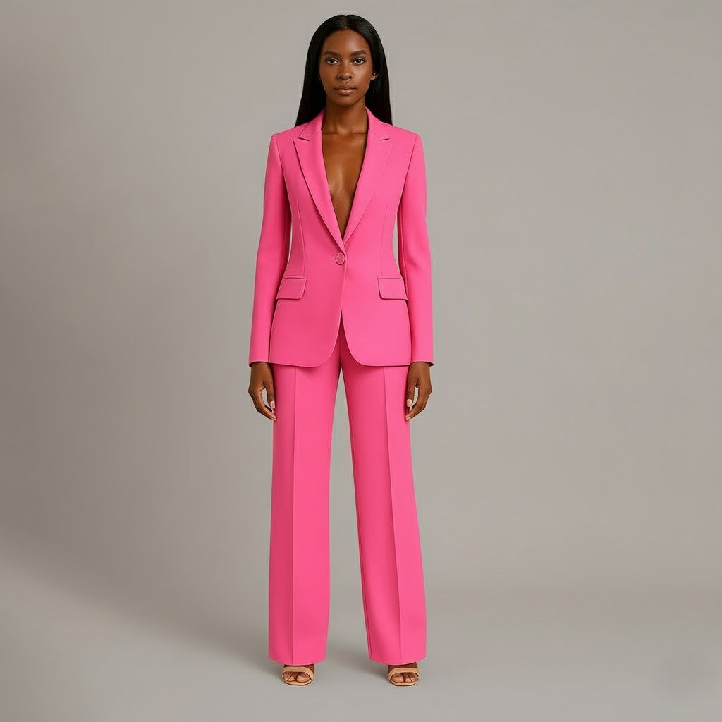 Women's Two-Piece Woven Suit Set with Notched Lapel and Wide-Leg Trousers
