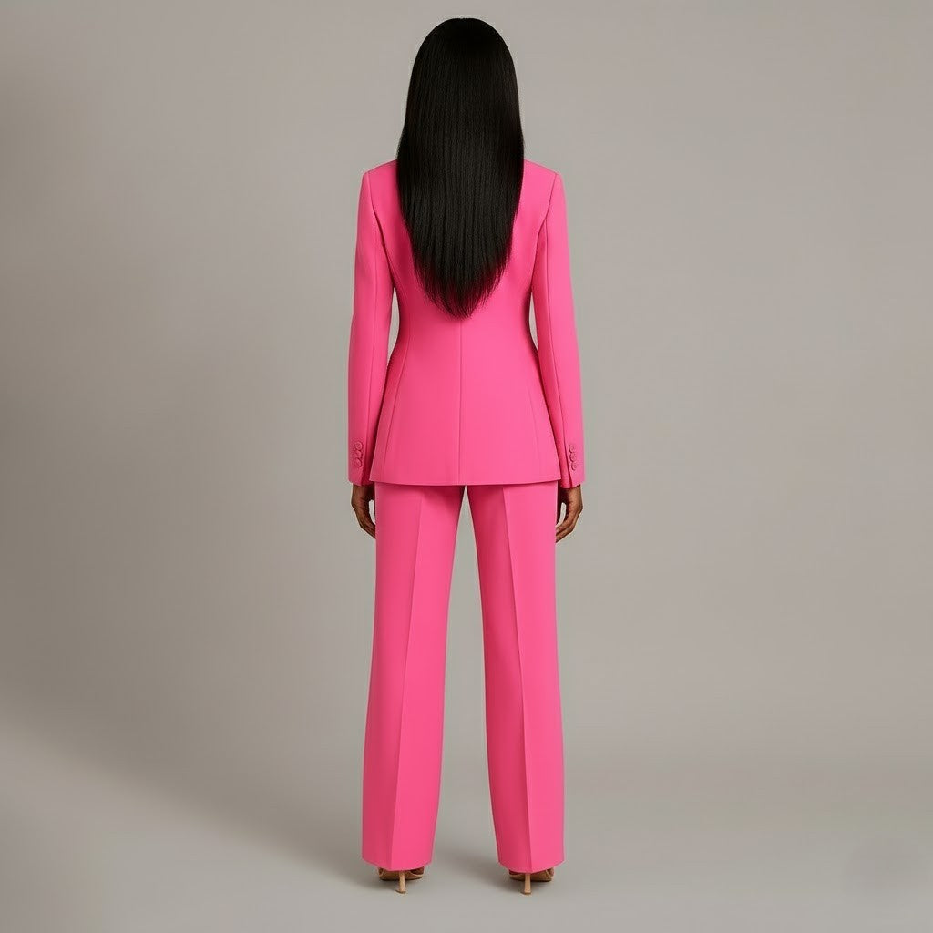 Women's Two-Piece Woven Suit Set with Notched Lapel and Wide-Leg Trousers