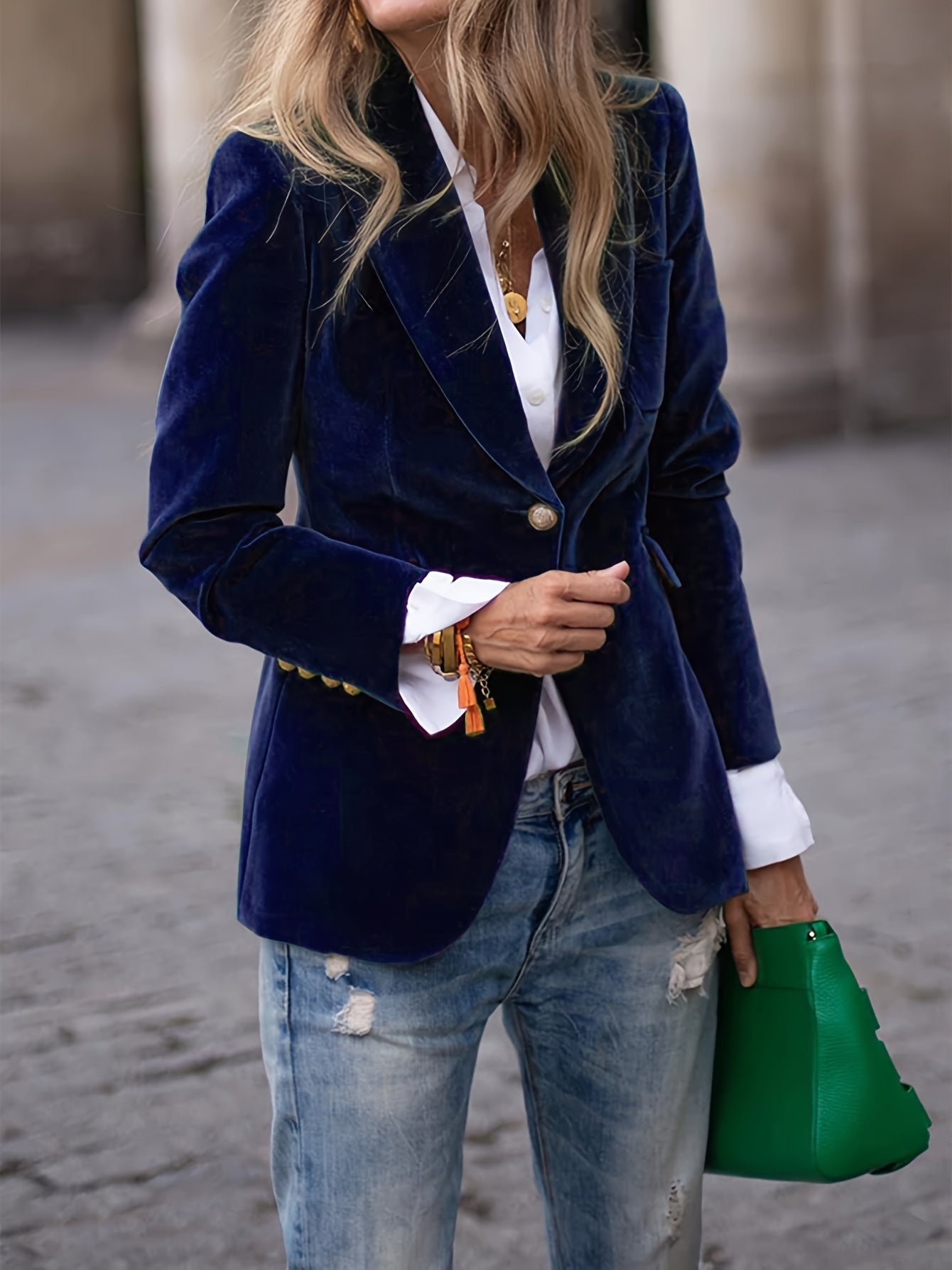 Women's Velvet Blazer with Notched Lapel and Front Button