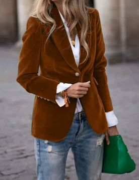 Women's Velvet Blazer with Notched Lapel and Front Button