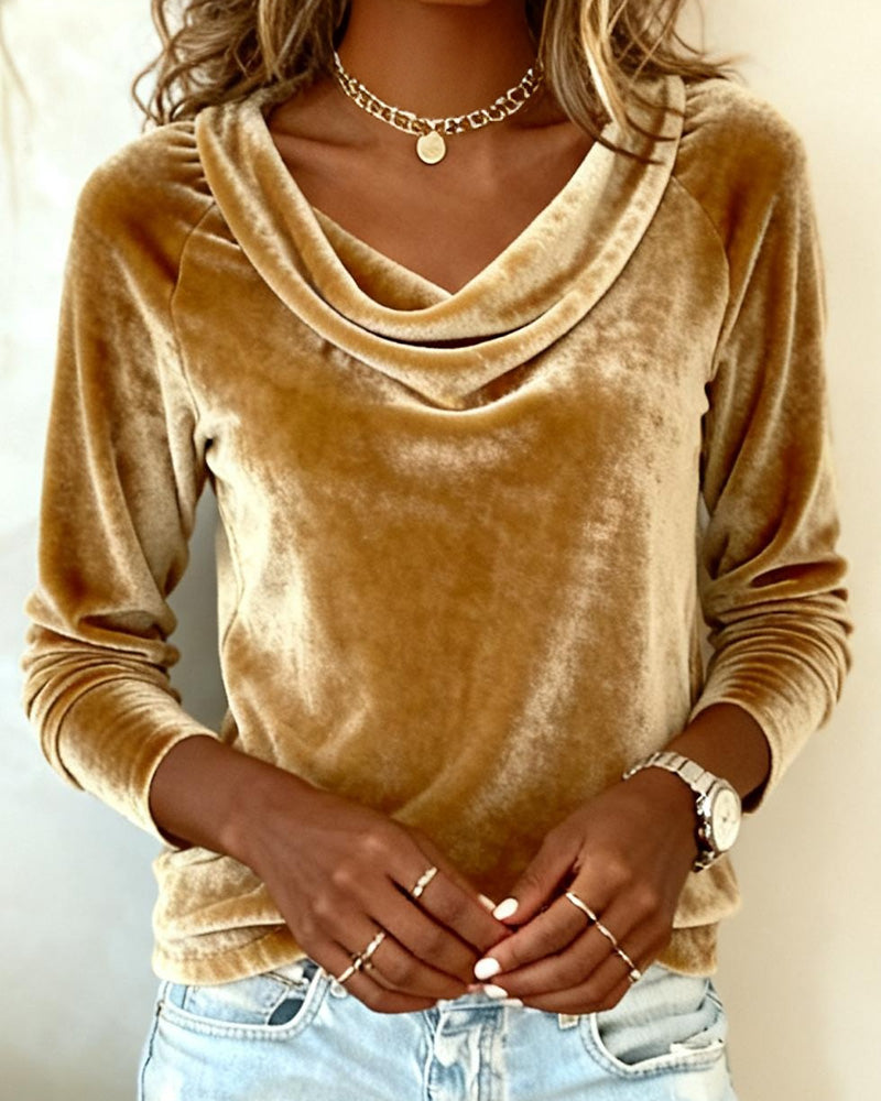 Women's Velvet Top with Draped V Neck and Long Sleeves