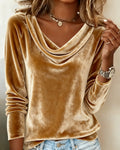 Women's Velvet Top with Draped V Neck and Long Sleeves