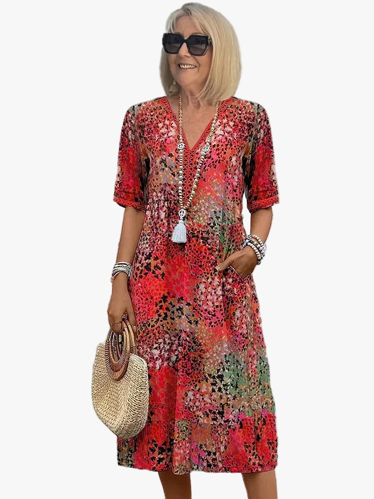 Women's Viscose Midi Dress with V-Neck and Side Pockets
