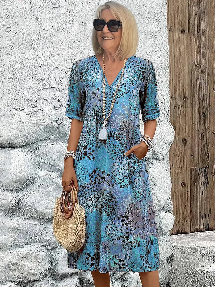 Women's Viscose Midi Dress with V-Neck and Side Pockets