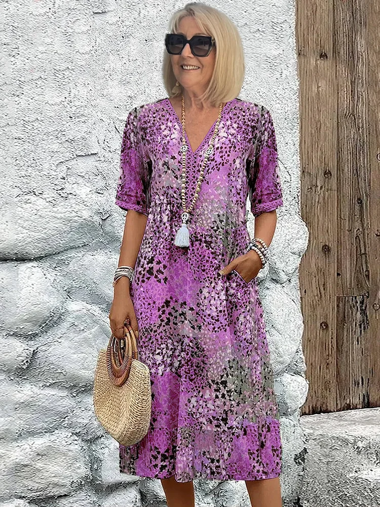 Women's Viscose Midi Dress with V-Neck and Side Pockets