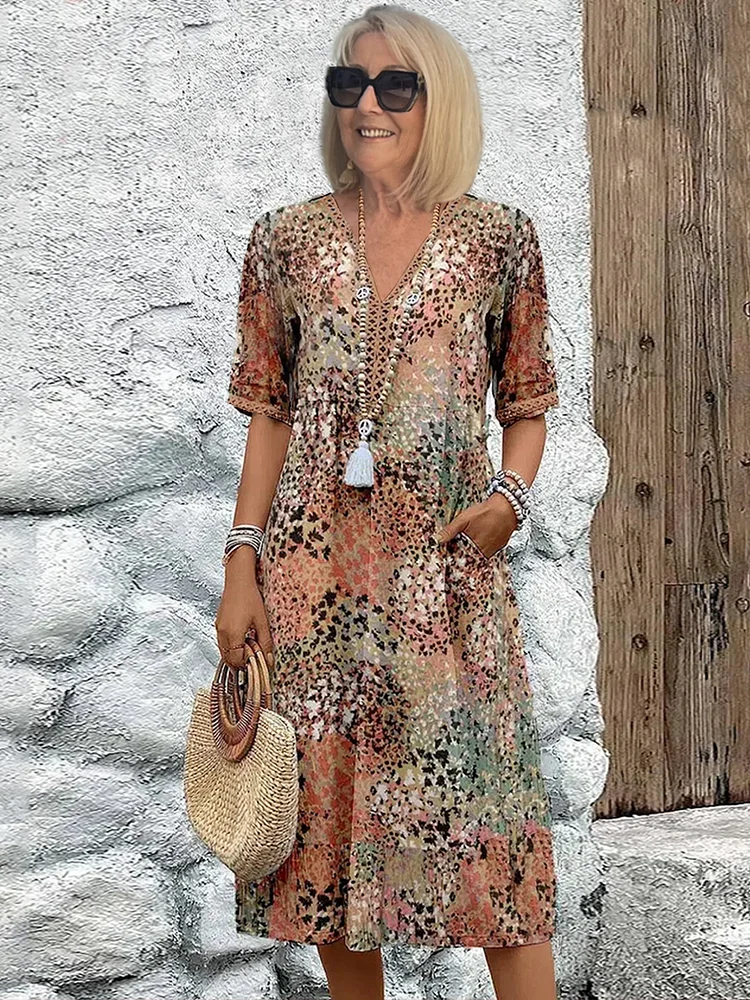 Women's Viscose Midi Dress with V-Neck and Side Pockets