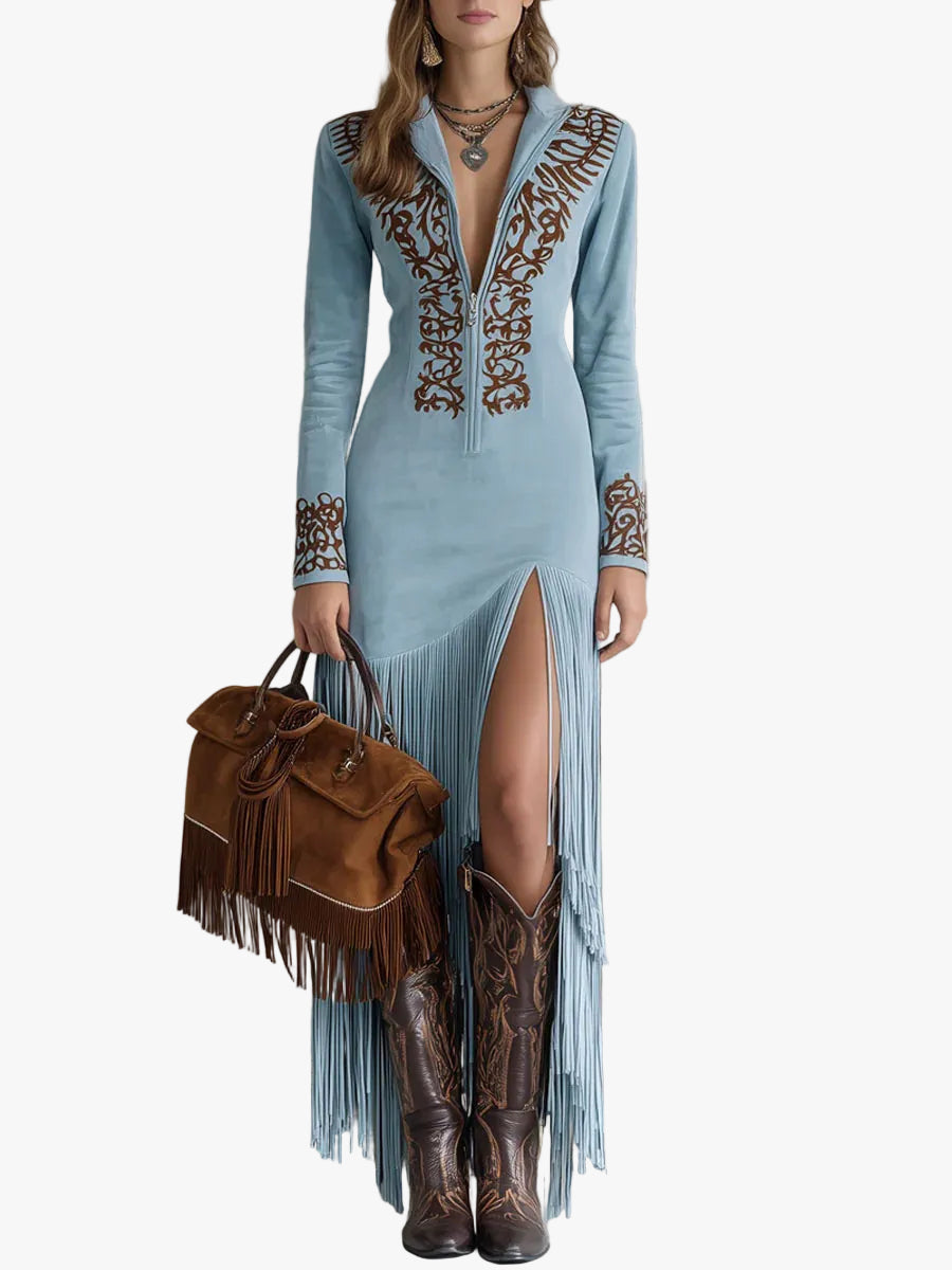 Women's Western Faux Suede Maxi Dress with Fringe and Quarter-Zip