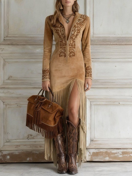 Women's Western Faux Suede Maxi Dress with Fringe and Quarter-Zip