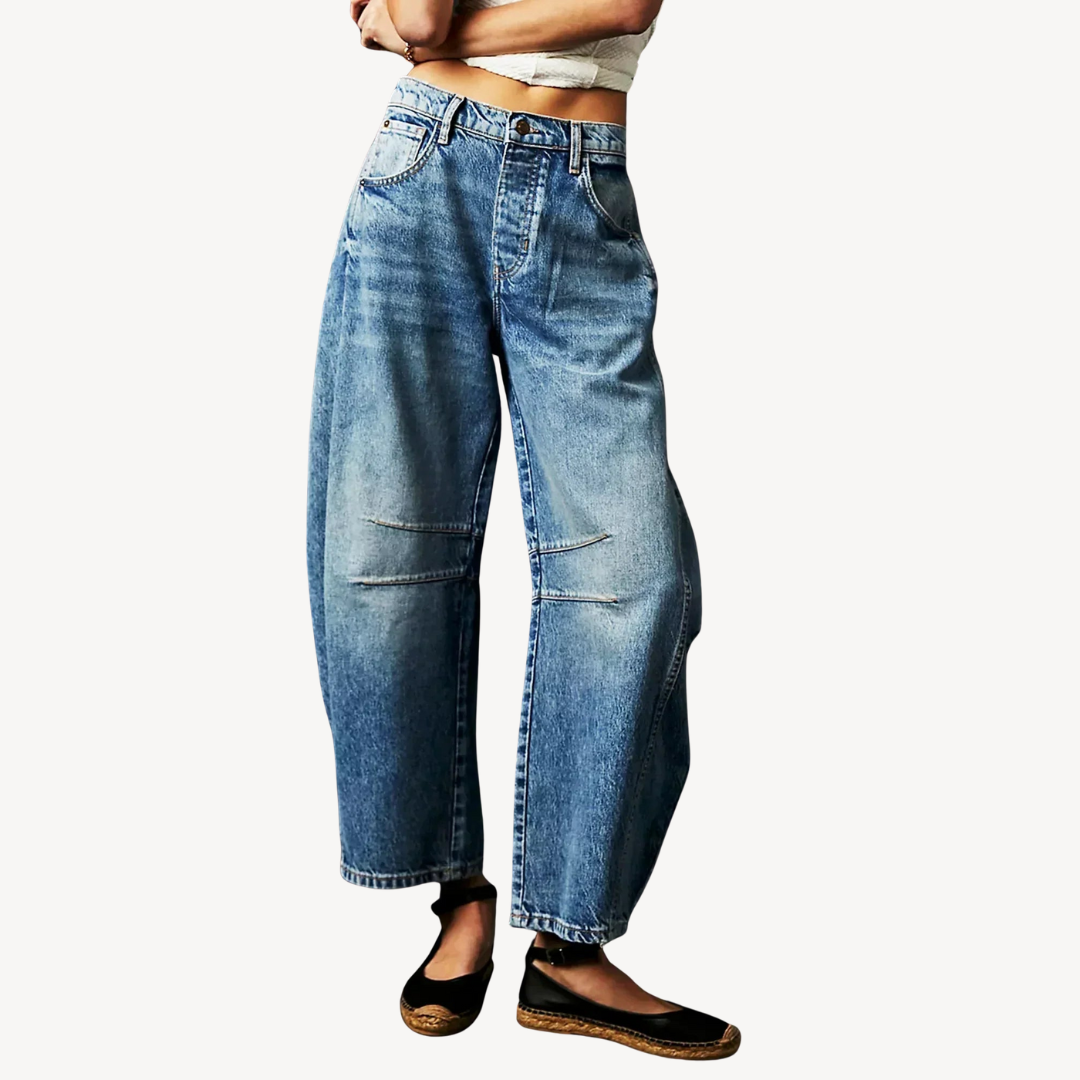 Women's Wide-Leg Denim Jeans with High-Rise Waist and Panel Seams