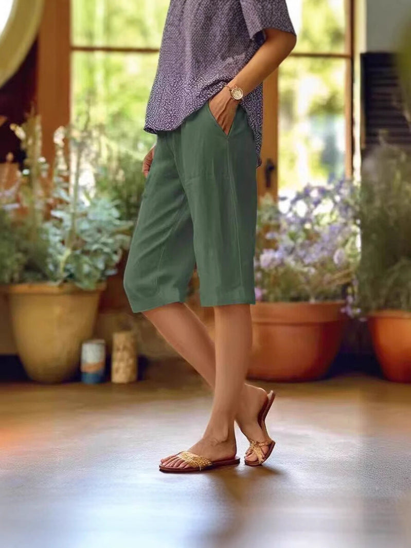 Women's Woven Bermuda Shorts with Drawstring Waist and Side Pockets