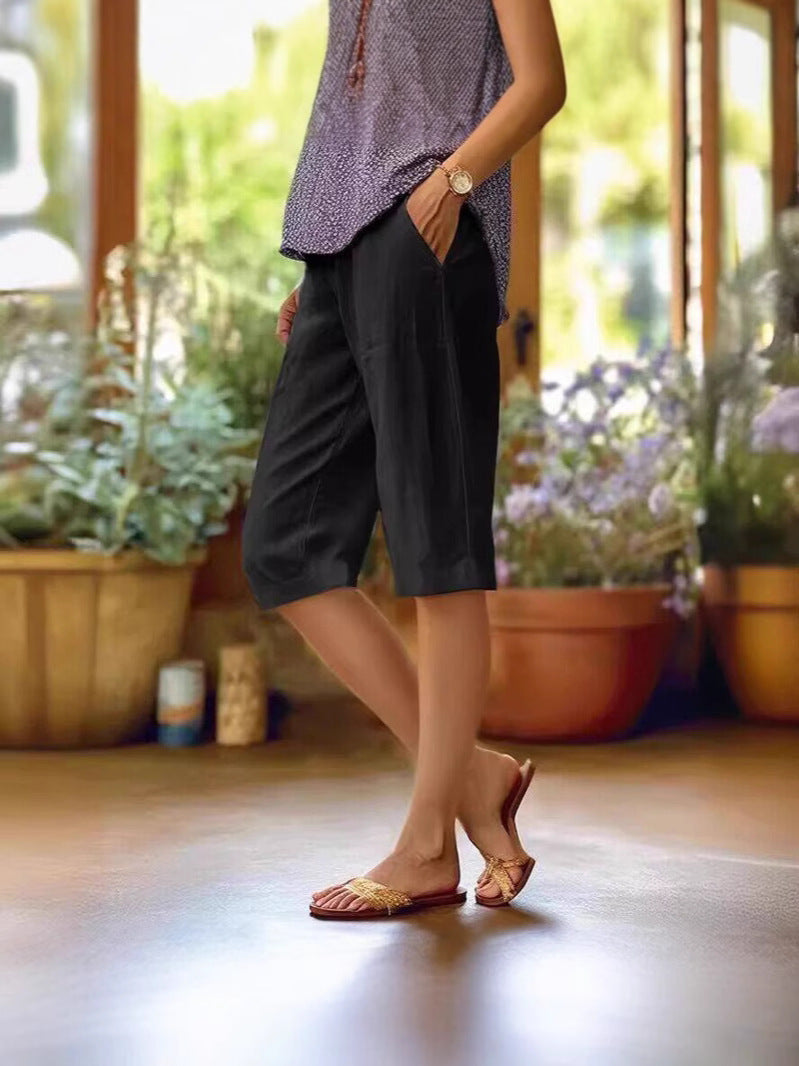 Women's Woven Bermuda Shorts with Drawstring Waist and Side Pockets