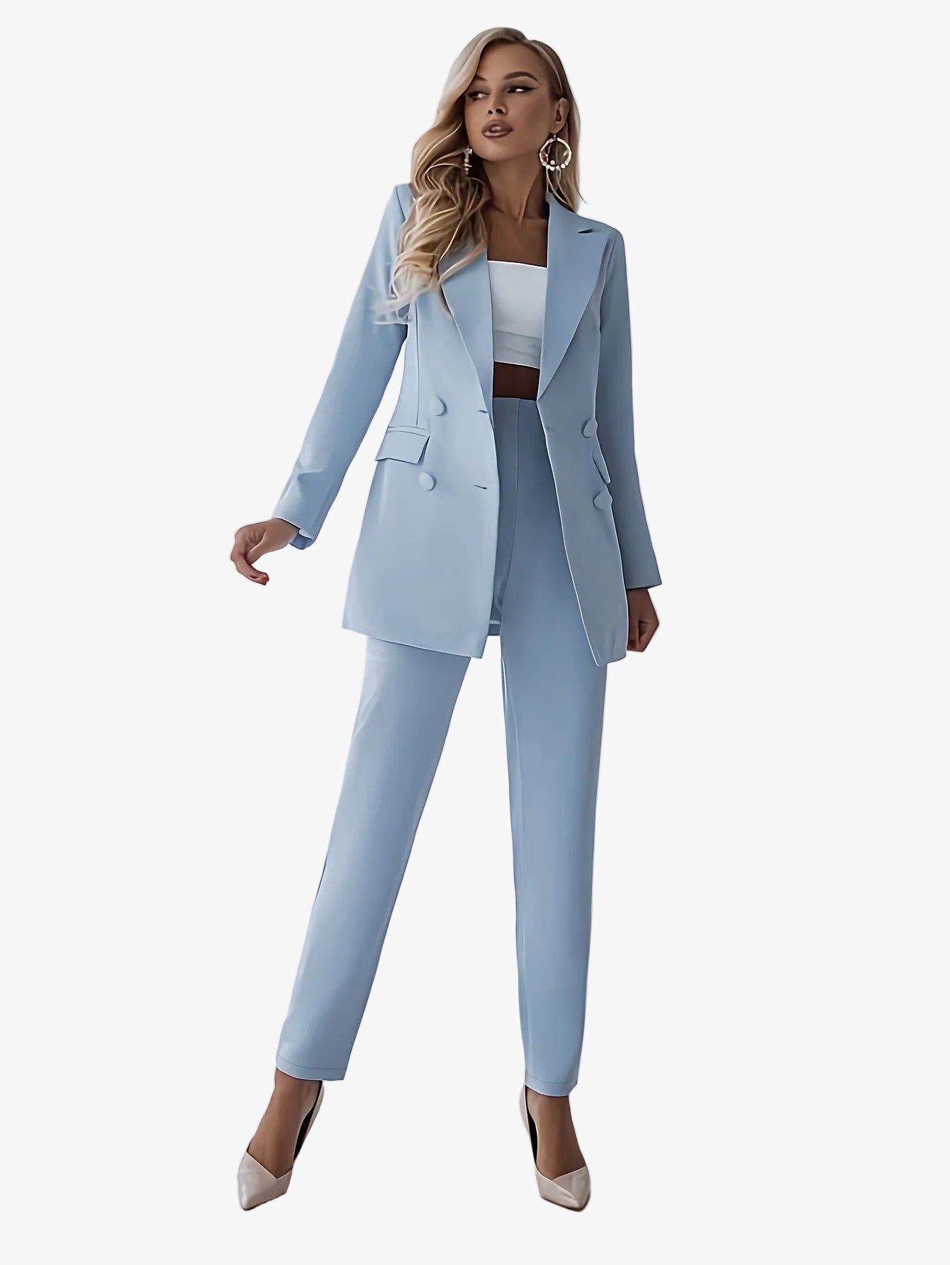Women's Woven Blazer Set with Double-Breasted Front and Lapels