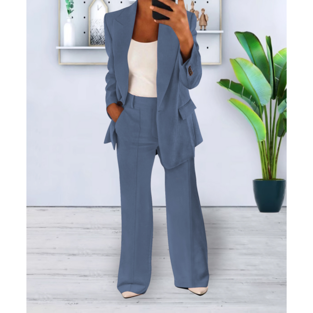 Women's Woven Blazer Set with Notch Lapels and Straight-Leg Pants