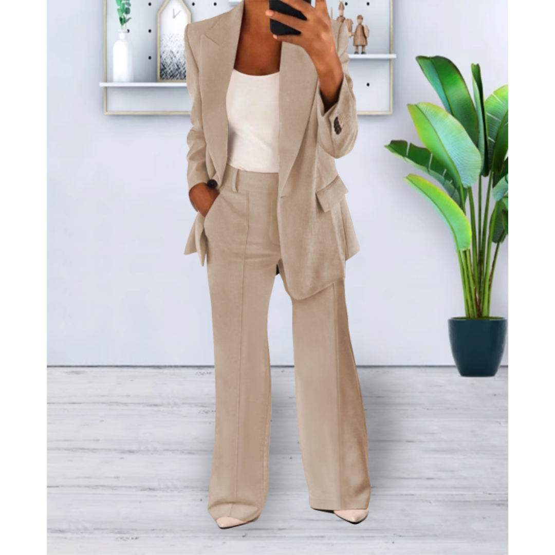Women's Woven Blazer Set with Notch Lapels and Straight-Leg Pants