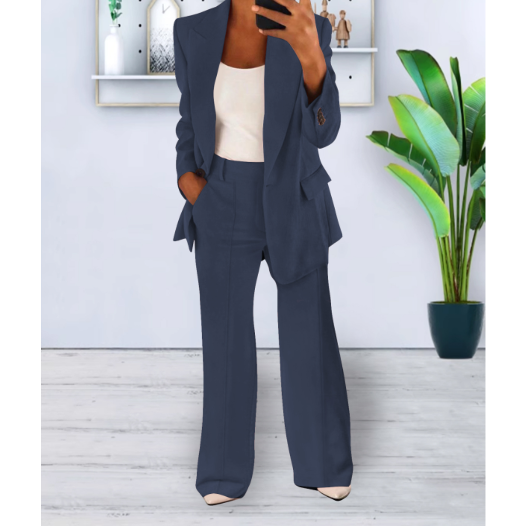 Women's Woven Blazer Set with Notch Lapels and Straight-Leg Pants