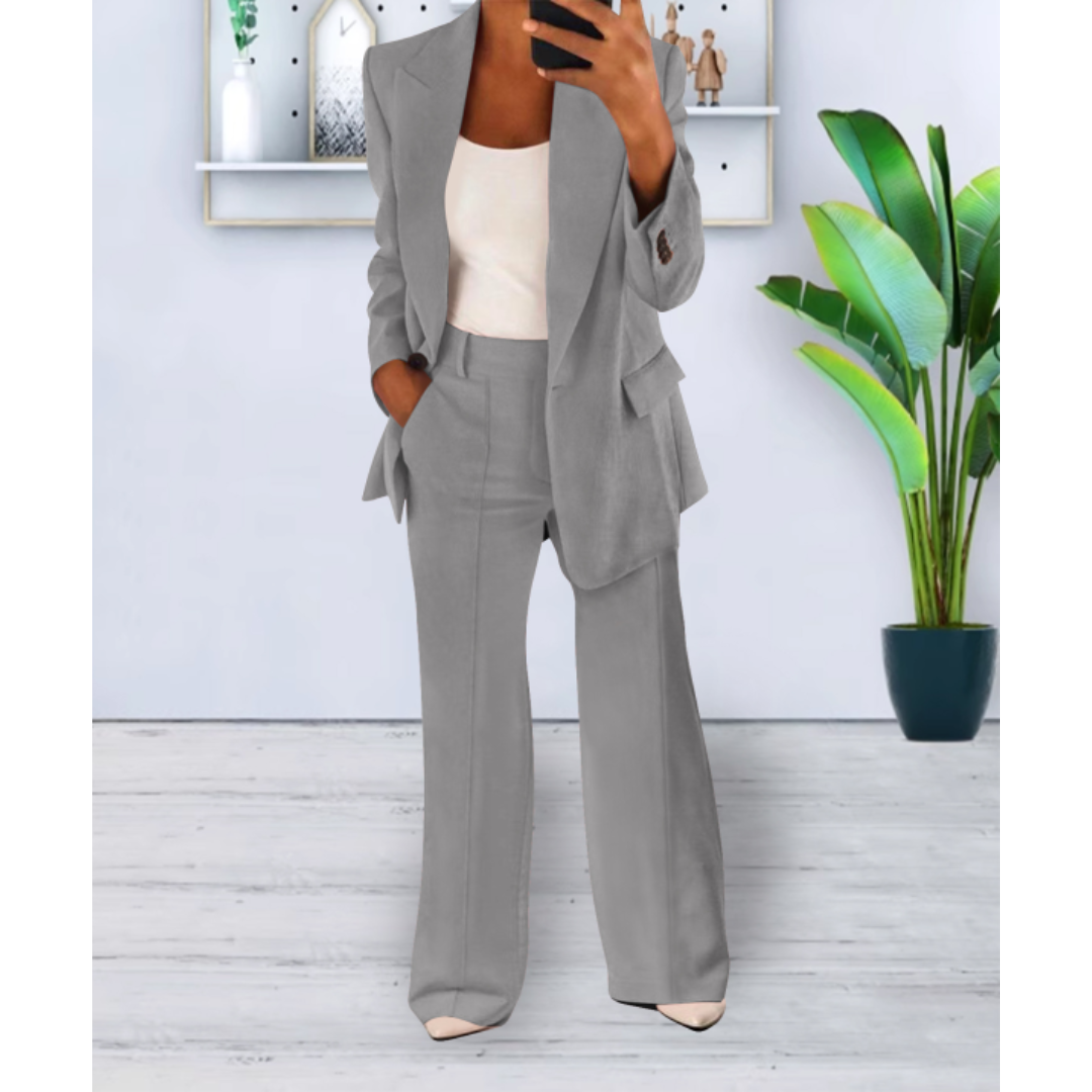 Women's Woven Blazer Set with Notch Lapels and Straight-Leg Pants