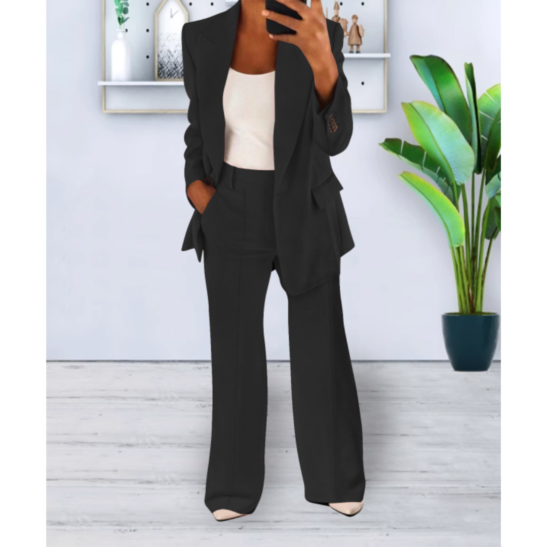 Women's Woven Blazer Set with Notch Lapels and Straight-Leg Pants