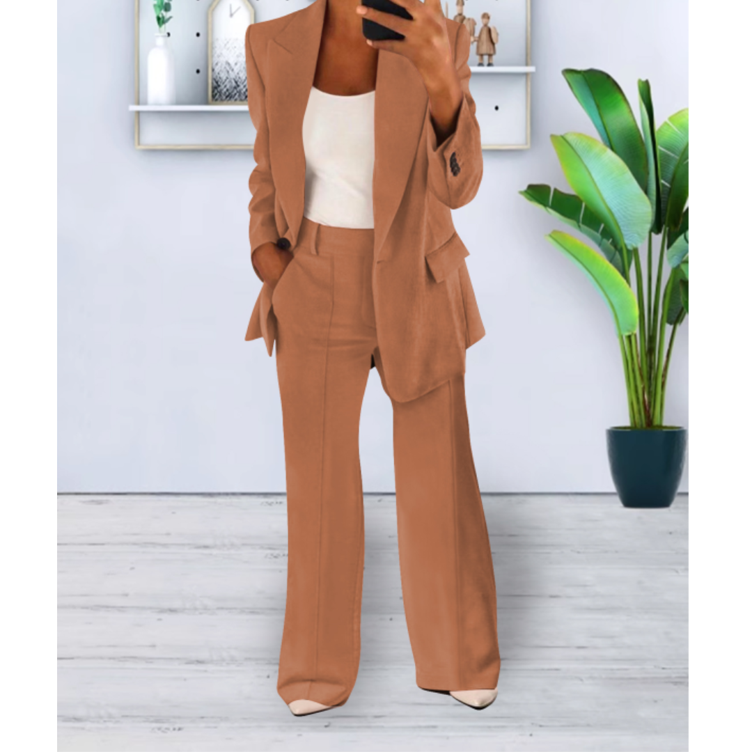Women's Woven Blazer Set with Notch Lapels and Straight-Leg Pants