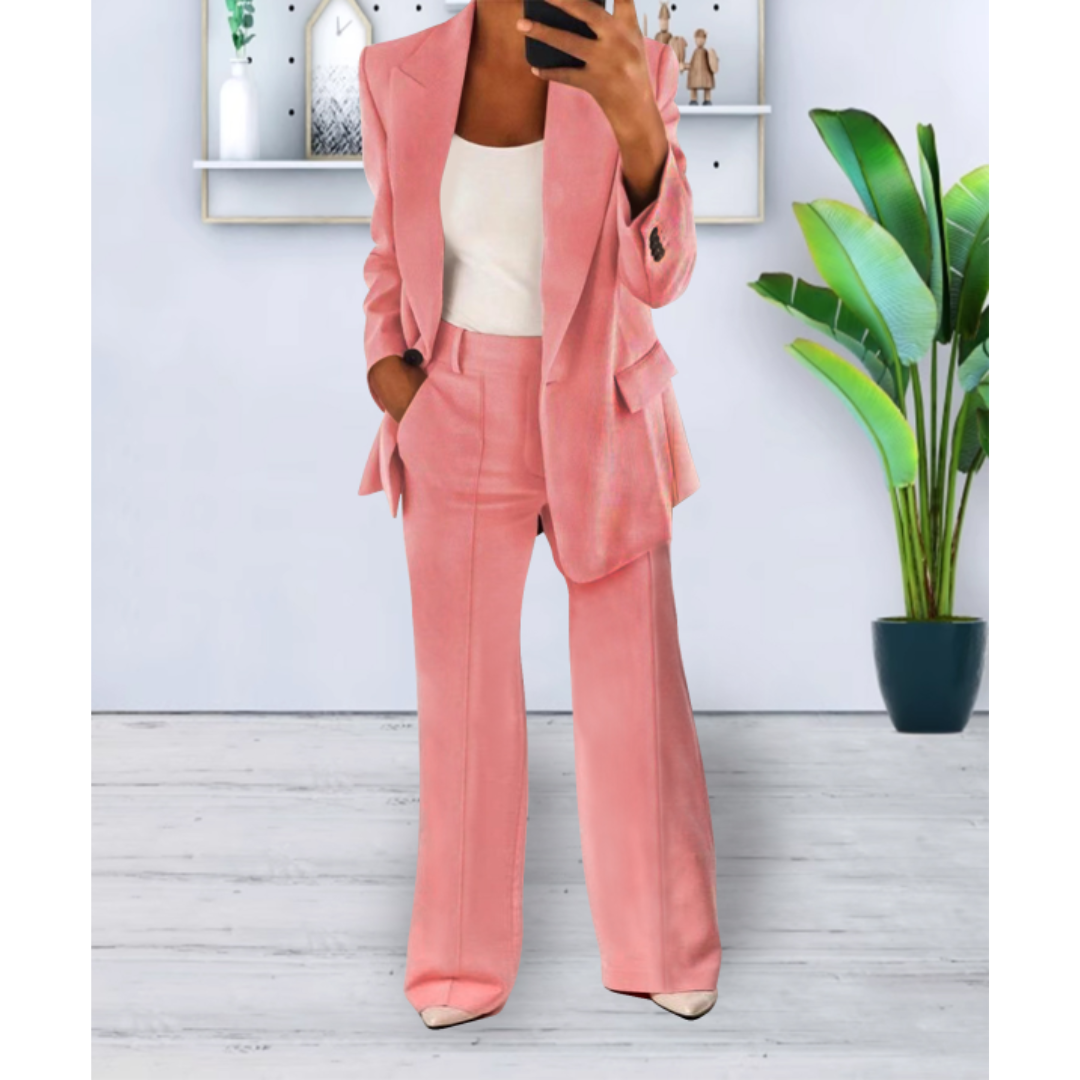 Women's Woven Blazer Set with Notch Lapels and Straight-Leg Pants