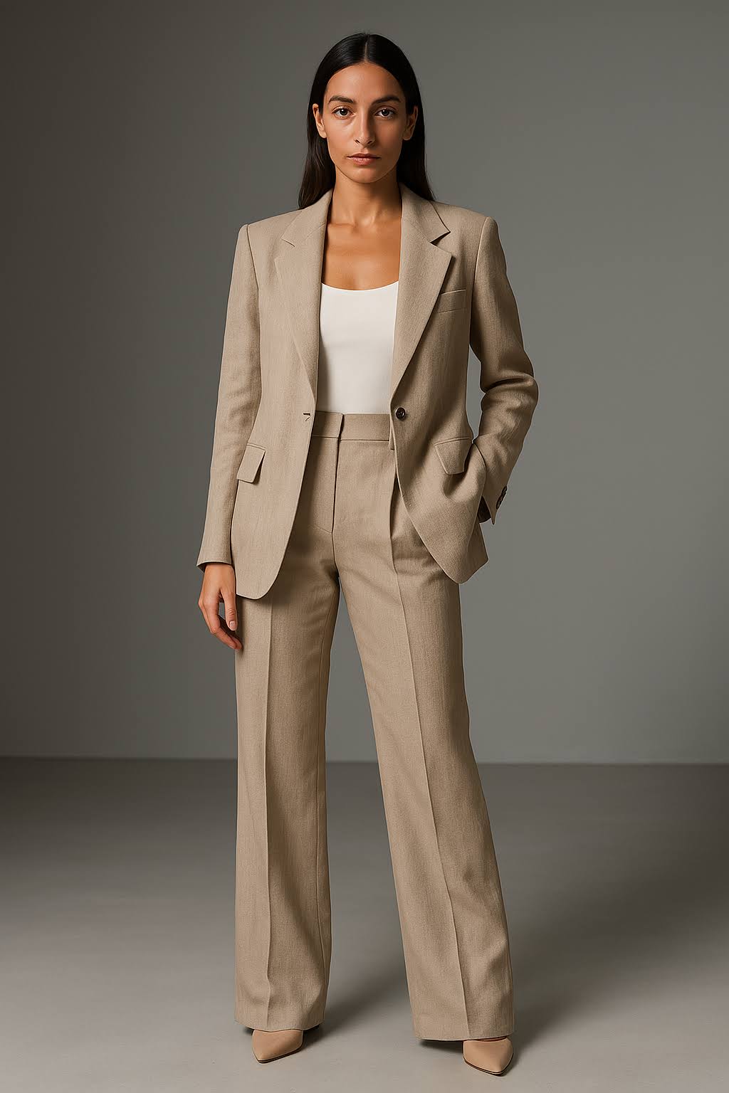 Women's Woven Blazer Set with Notched Lapel and Straight-Leg Pants