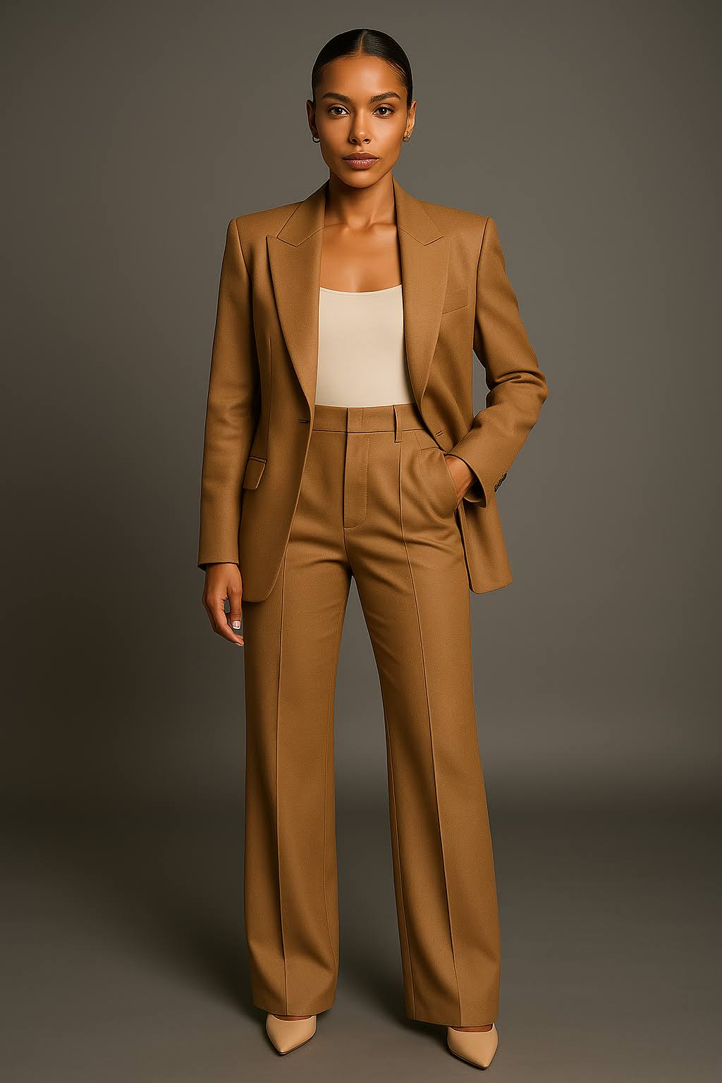 Women's Woven Blazer Set with Notched Lapel and Straight-Leg Pants