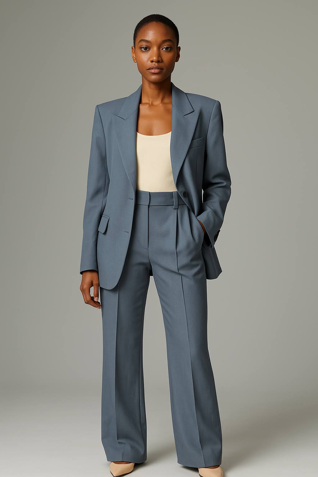 Women's Woven Blazer Set with Notched Lapel and Straight-Leg Pants